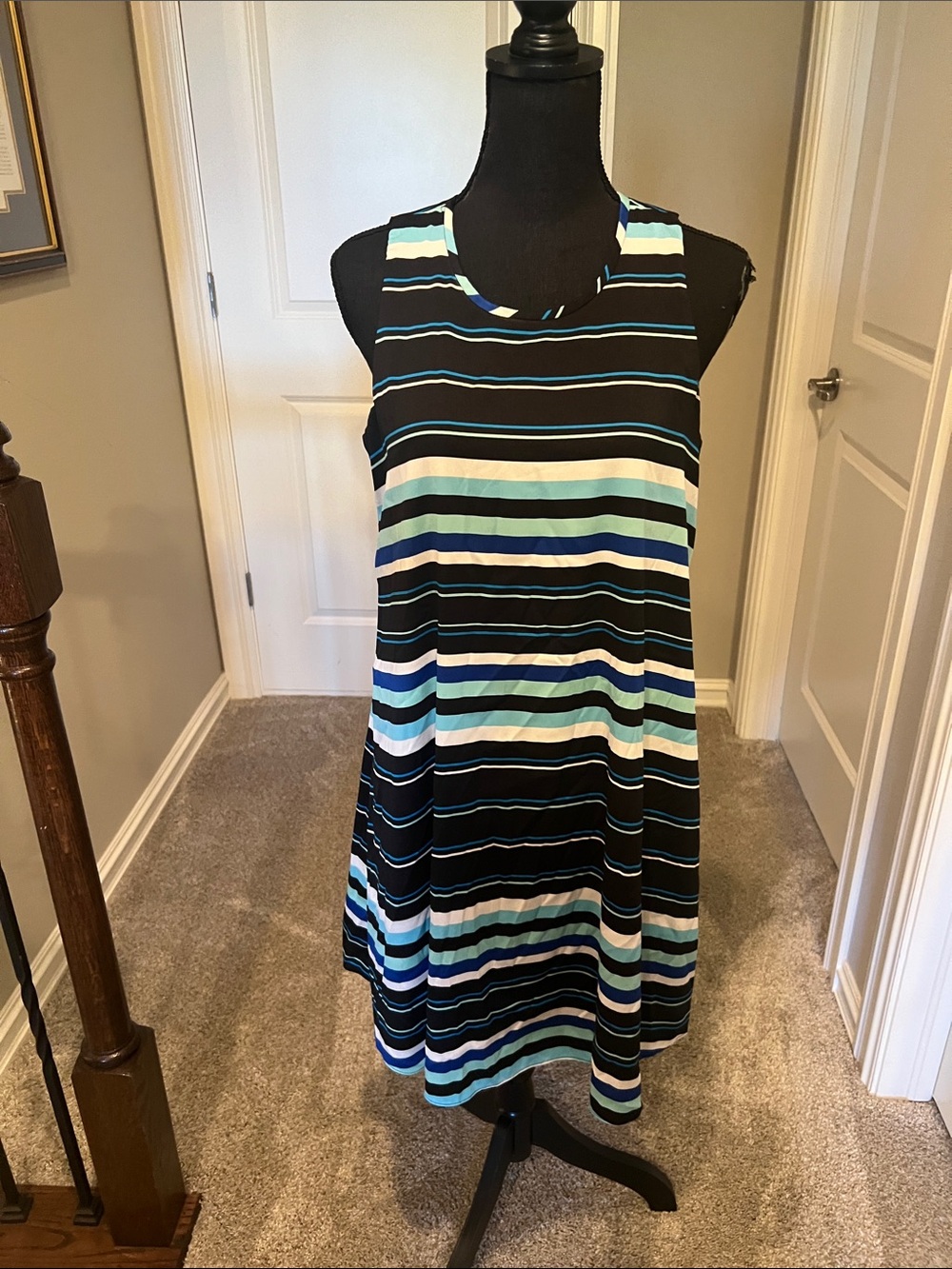 Tommy Hilfiger Black, Blue, Aqua and White Striped Sleeveless Midi Dress